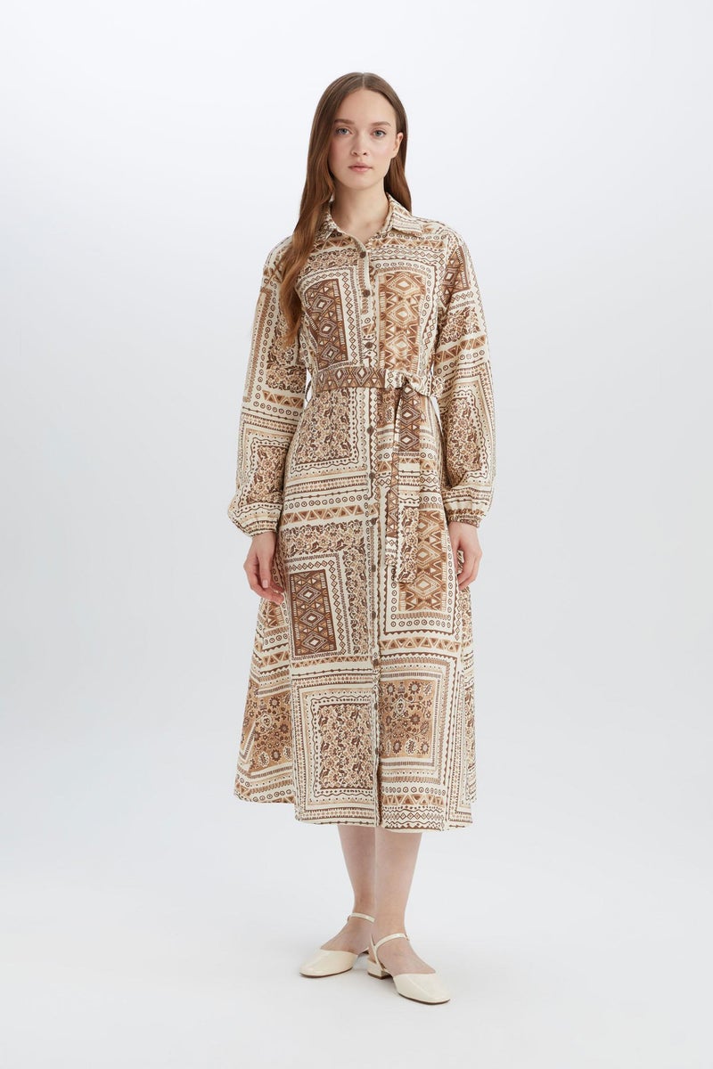 DeFacto Brown Woman Shirt Collar Patterned Aerobin Belted Midi Dress Casual - Image 5